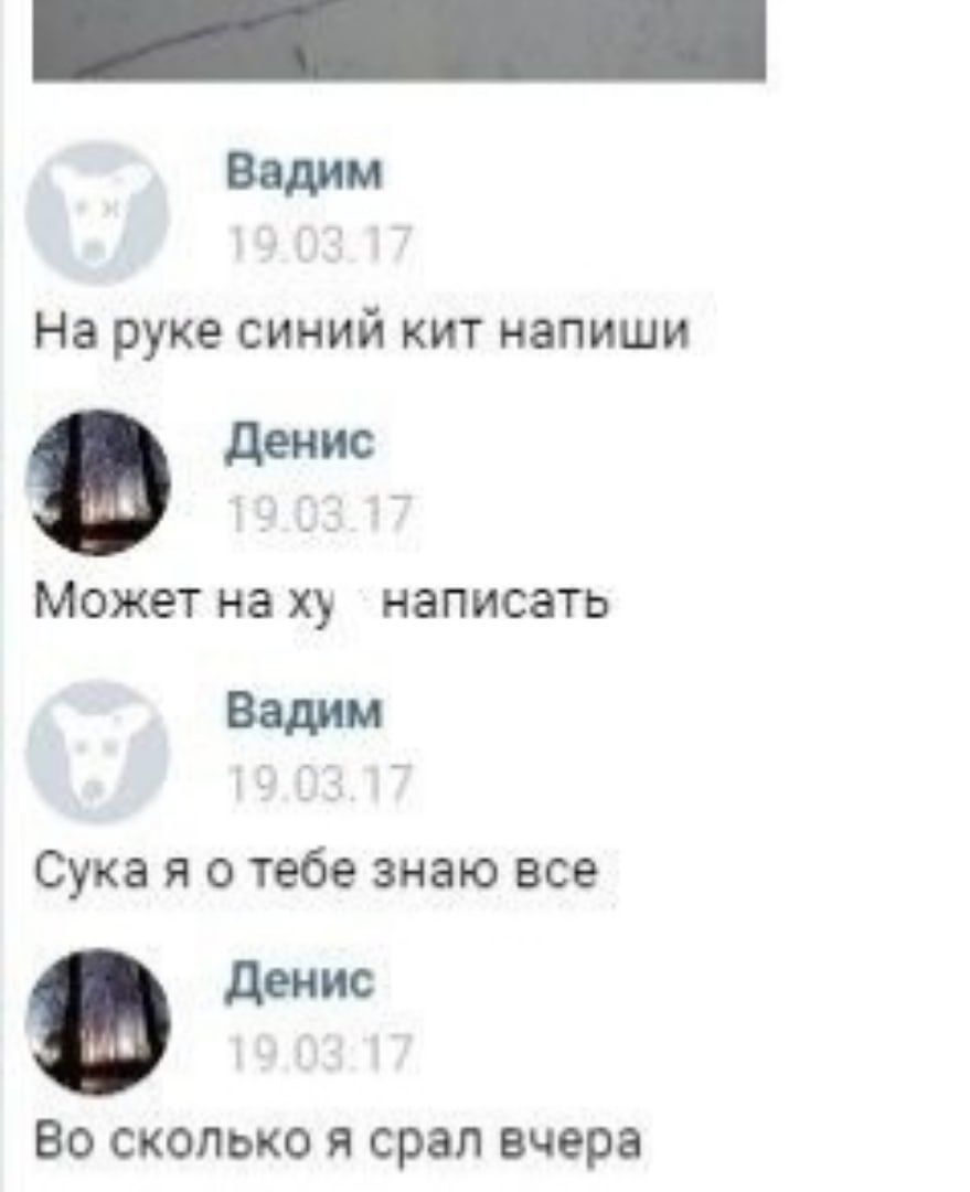 Вадим На руке синий кит напиши Денис Может наху написать Вадим Сука я о тебе знаю все в Денис Во сколько я срал вчера