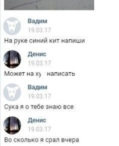 Вадим На руке синий кит напиши Денис Может наху написать Вадим Сука я о тебе знаю все в Денис Во сколько я срал вчера