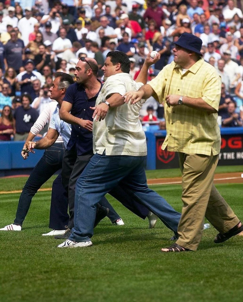 cast of the sopranos throwing the ceremonial 1st pitch at yankee stadium, NYC, 2002