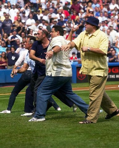 cast of the sopranos throwing the ceremonial 1st pitch at yankee stadium, NYC, 2002
