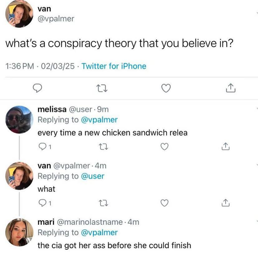 уап @vpalmer 3 what's a conspiracy theory that you believe in? 1:36 02/03/25 Twitter for iPhone о melissa Replying to @vpalmer every time a new chicken sandwich relea van @vpalmer-4m Replying to @user