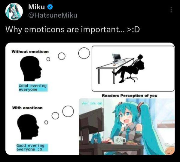 Miku Why emoticons are important... Without emoticon о о О Good evening everyone Readers Perception of you With emoticon О 4 Good evening everyone :0