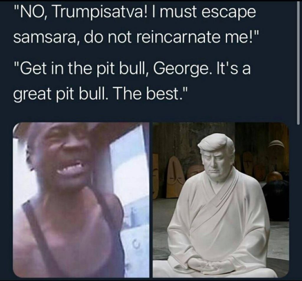 "NO, Trumpisatva! must escape samsara, not reincarnate me!" "Get in the pit bull, George. It's a great pit bull. The best."