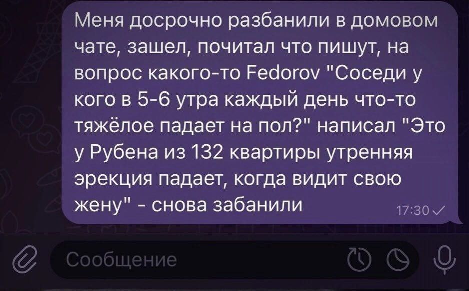 Меня досрочно разбанили в домовом чате, зашел, почитал что пишут, на вопрос какого-то Еедогоу "Соседи у кого в 5-6 утра каждый день что-то тяжёлое падает на пол?" написал "Это у Рубена из 132 квартиры