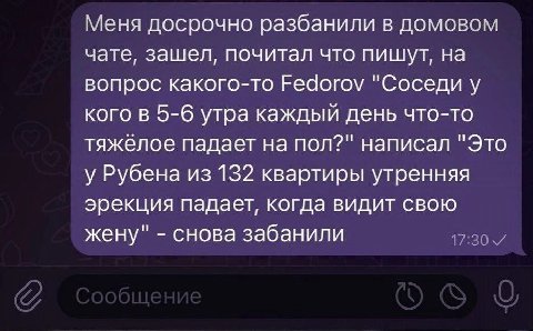 Меня досрочно разбанили в домовом чате, зашел, почитал что пишут, на вопрос какого-то Еедогоу "Соседи у кого в 5-6 утра каждый день что-то тяжёлое падает на пол?" написал "Это у Рубена из 132 квартиры