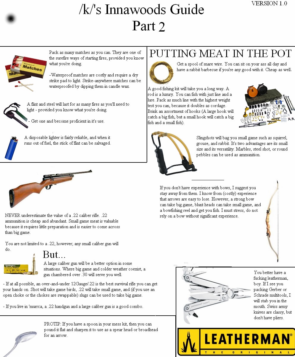 VER) ION 1.0 Innawoods Guide Part 2 Pack as many matches as you can. They are one of PUTTING MEAT IN THE POT the surefire ways of fires, provided you kno’ what you're doing Get a spool of snare wire. 