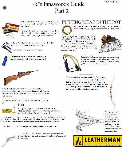 VER) ION 1.0 Innawoods Guide Part 2 Pack as many matches as you can. They are one of PUTTING MEAT IN THE POT the surefire ways of fires, provided you kno’ what you're doing Get a spool of snare wire. 