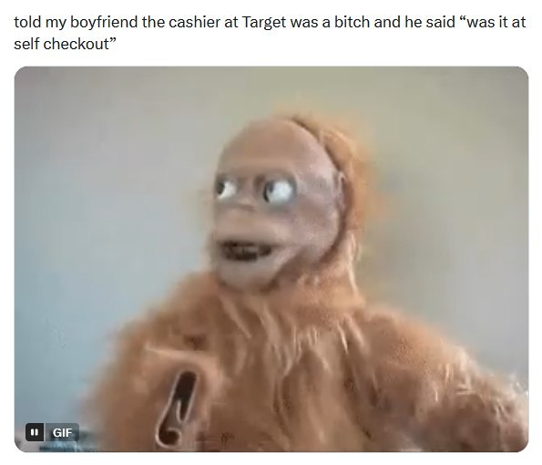 told my boyfriend the cashier at Target was a bitch and he said “was it at self checkout” и GIF