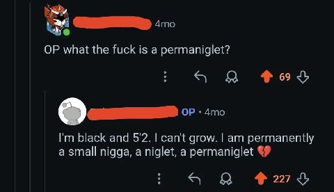 what the fuck is а permaniglet? black and 5'2. can't grow. permanenily а small nigga, a niglet, a permaniglet