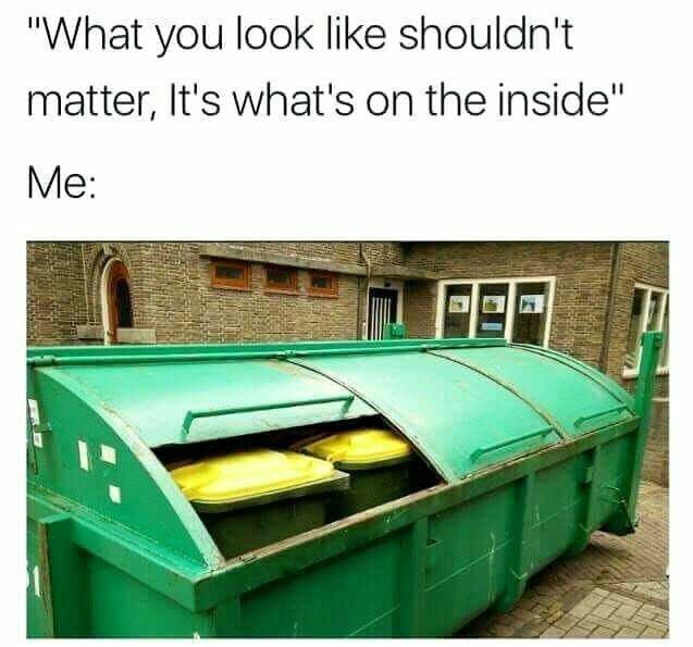 "What you look like shouldn't matter, It's what's on the inside" Me: