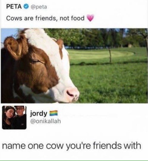 PETA @peta Cows are friends, not jordy @onikallah name one cow you're friends with