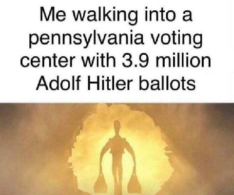 Me walking into a pennsylvania voting center with 3.9 million Adolf Hitler ballots