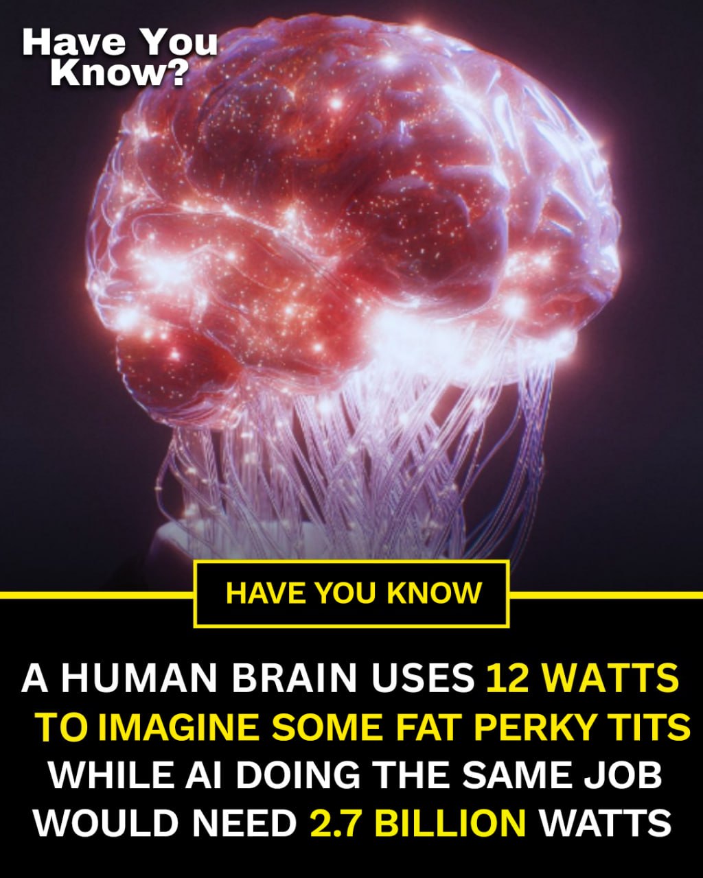 Have You Know? у А HUMAN BRAIN USES 12 WATTS TO IMAGINE SOME FAT PERKY TITS WHILE DOING THE SAME JOB WOULD NEED 2.7 BILLION WATTS