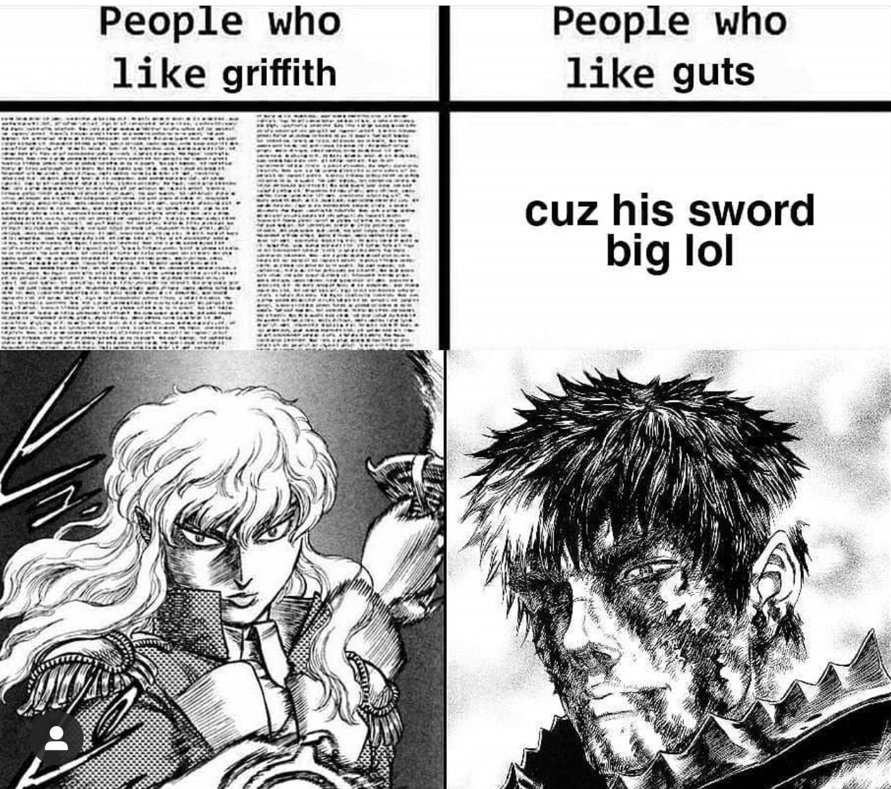 People who People who like griffith like guts cuz his sword big lol у Me 74 If