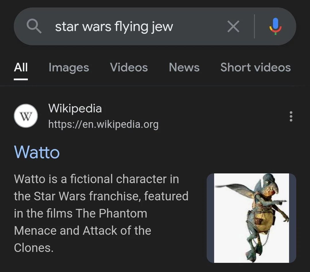 О star wars flying jew Images Videos News Short videos Wikipedia https://en.wikipedia.org Watto Watto is a fictional character in the Star Wars franchise, featured in the films The Phantom Menace and 