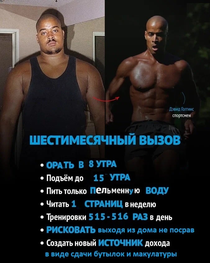 Nes Дэвид Гоггинс спортсмен ШЕСТИМЕСЯЧНЫЙ ВЫЗОВ ОРАТЬ В 8 УТРА Подъём до 15 УТРА Пить только Пельменную ВОДУ Читать 1 СТРАНИЦ внеделю Тренировки 515-516 РАЗ в день РИСКОВАТЬ выходя из дома не посрав С