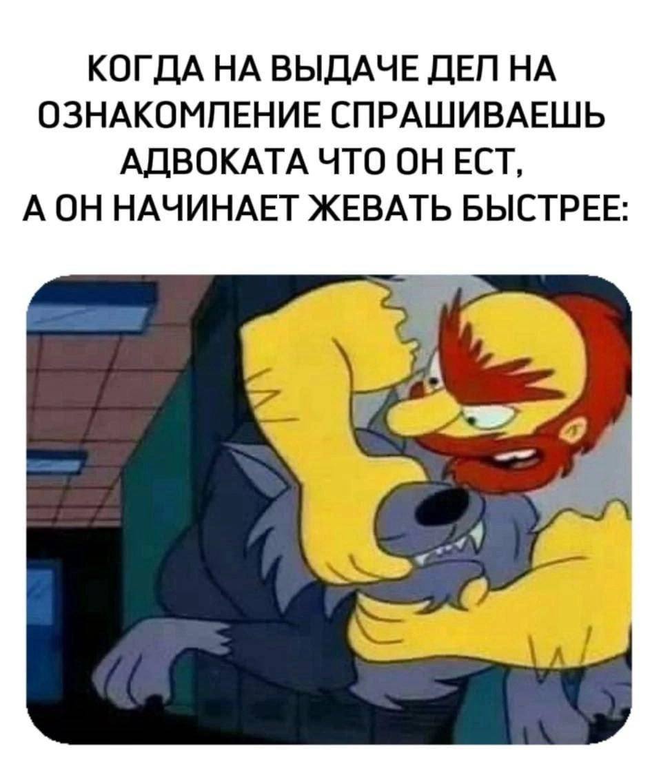 КОГДА НА ВЫДАЧЕ ДЕЛ НА ОЗНАКОМЛЕНИЕ СПРАШИВАЕШЬ АДВОКАТА ЧТО ОН ЕСТ, АОН НАЧИНАЕТ ЖЕВАТЬ БЫСТРЕЕ: wht
