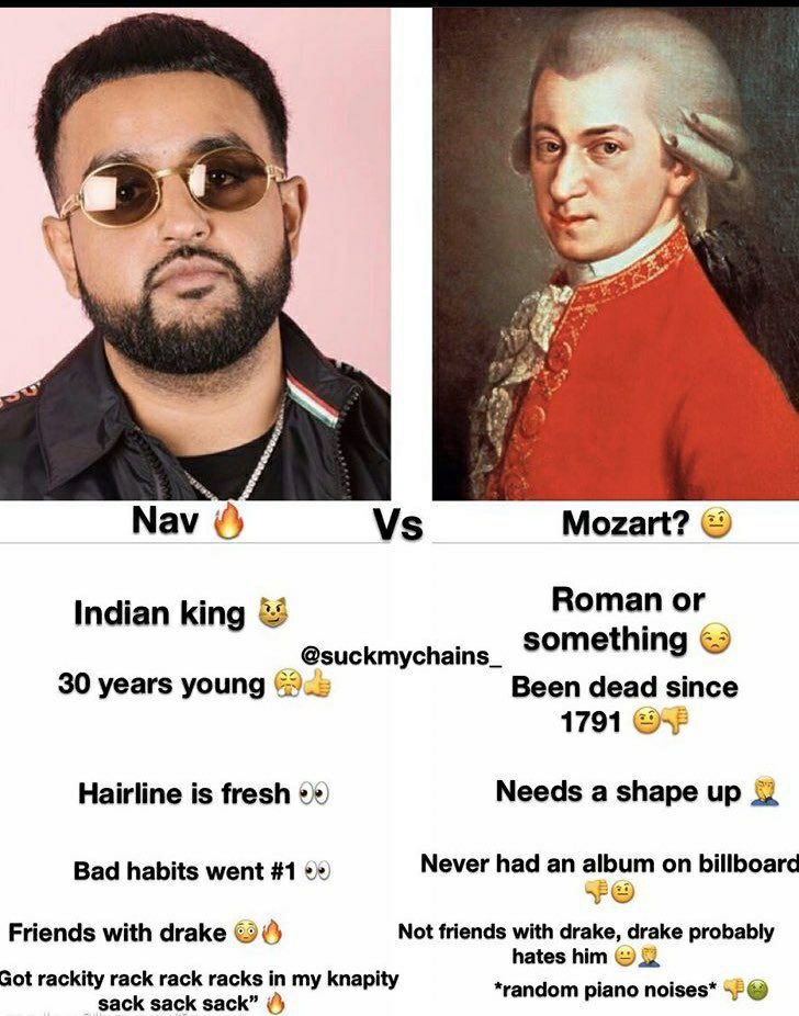 Мау Mozart? Indian king 52 or @suckmychains_ somet ing 30 years young Been dead since 1791 Hairline is fresh Needs a shape Bad habits went #1 Never had an album on billboard Friends with drake Not fri