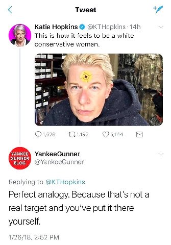 Tweet и Katie Hopkins This is how it feels to be a white conservative woman. a) 1,628 (7 5,144 YANKEE YankeeGunner GUNNER BLOG @YankeeGunner Replying to @KTHopkins Perfect analogy. Because that’s not 