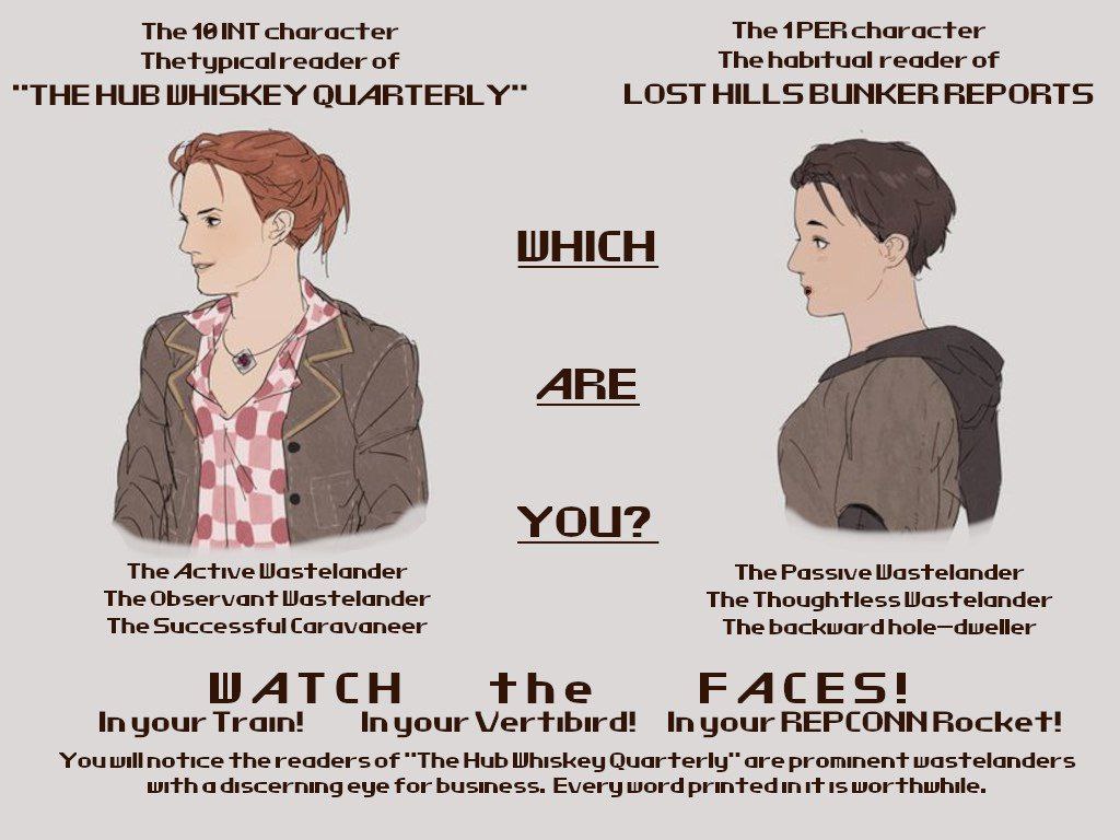 The 16INT character The 1PER character Thetypicalreader of The reader of “THE HUB WHISKEY QUARTERLY™ LOST HILLS BUNKER REPORTS ARE You? The Active Wastelander The Passive Wastelander The Observant Was