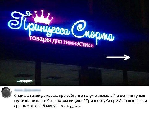 для гим Настики Сидишь такой думаешь про себя, что ты уже взрослый и всякие тупые шуточки не для тебя, а потом видишь "Принцессу Сперму" на вывеске и орешь с этого 15 минут @plohoy_vladlen