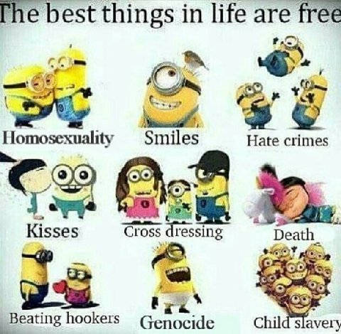 [he best things in life are free Homosexuality Smiles Hate crimes Kisses Cross dressing Beating hookers Genocide Child slavery