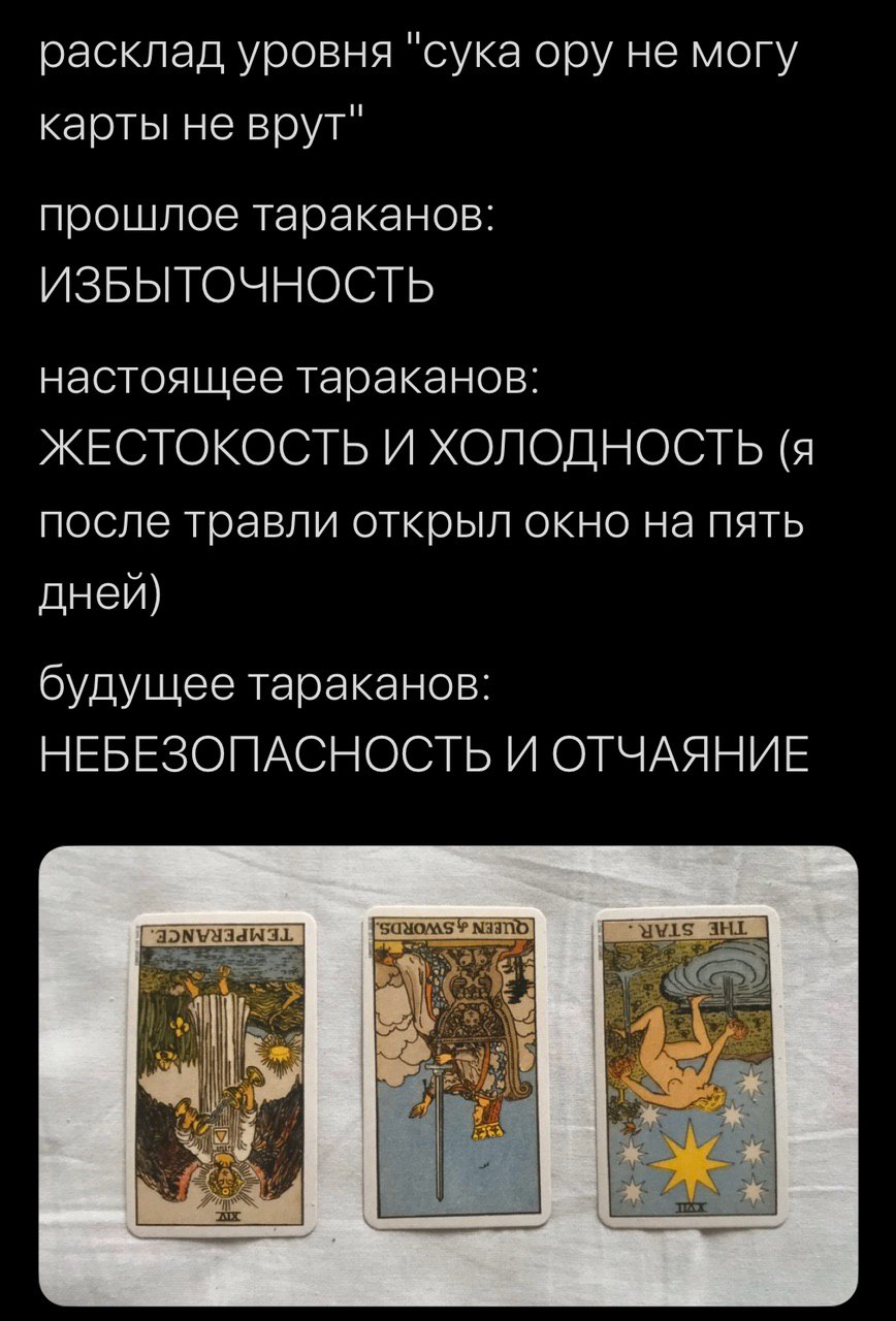 расклад уровня "сука ору не могу карты не врут" прошлое тараканов: ИЗБЫТОЧНОСТЬ настоящее тараканов: ЖЕСТОКОСТЬ И ХОЛОДНОСТЬ (я после травли открыл окно на пять дней) будущее тараканов: НЕБЕЗОПАСНОСТЬ