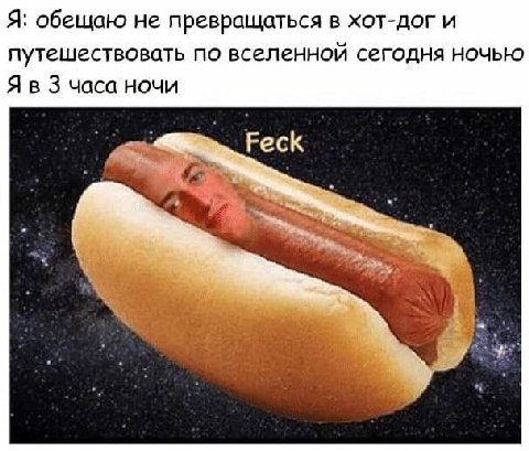 Я: обещаю не превращаться в хот-дог и путешествовать по вселенной сегодня ночью Я в 3 часа ночи Feck