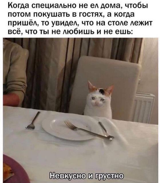 Когда специально не дома, чтобы потом покушать в гостях, а когда пришёл, то увидел, что на столе лежит всё, что ты не любишь и неешь: Невкусно и грустно