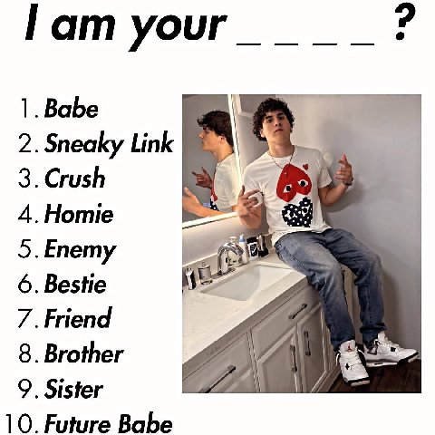 Гат your 1. Babe 2. Sneaky Link 4.Homie 6. Bestie 7. Friend 8. Brother 9. Sister 10. Future Babe