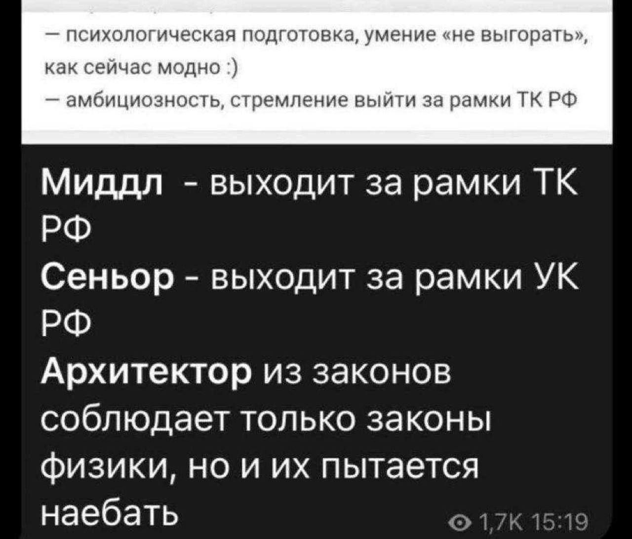 психологическая подготовка, умение «не выгорать» как сейчас модно амбициозность, стремление выйти за рамки Миддл выходит за рамки Сеньор выходит за рамки Архитектор из законов соблюдает только законы 