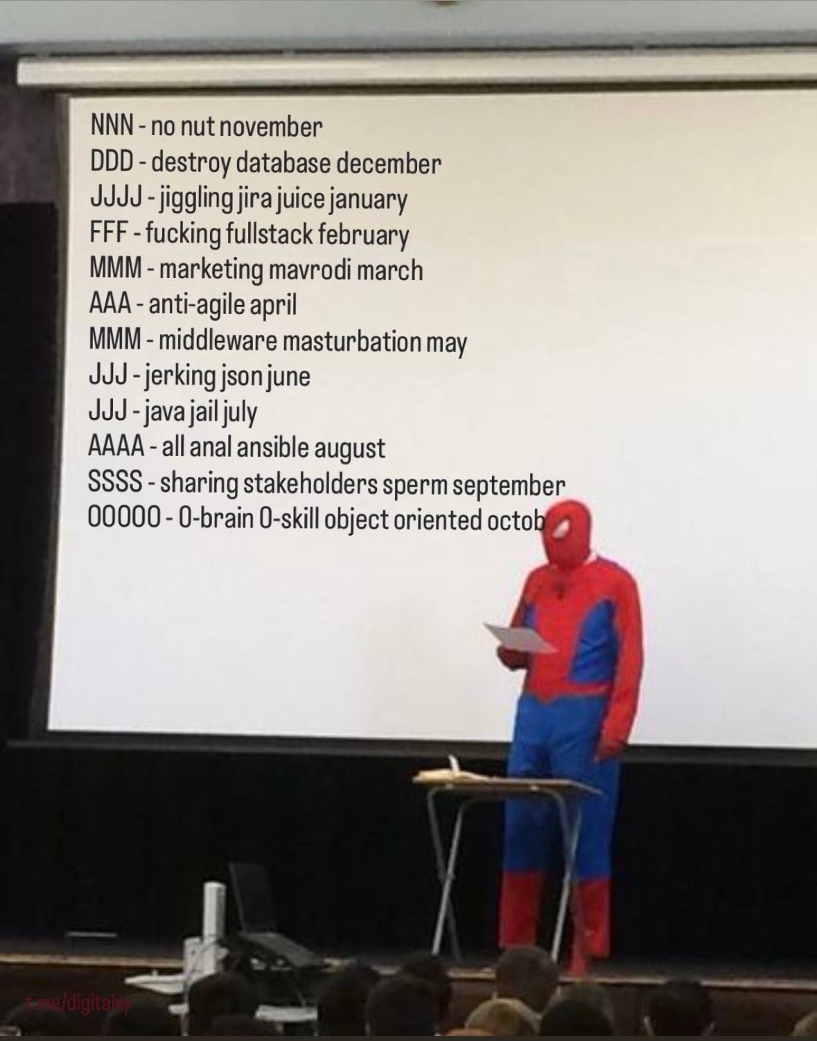 NNN по nut november DDD destroy database december JJuu jiggling jira juice january FFF fucking fullstack february MMM marketing mavrodi march AAA anti-agile april MMM middleware masturbation may jerki