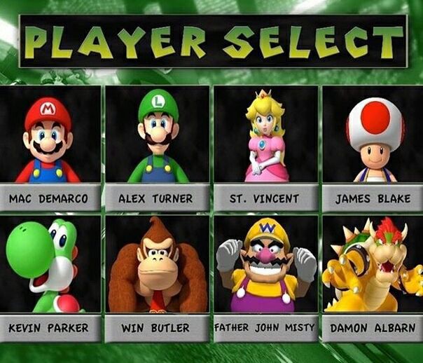PLAYER SELECT) A a A MAC DEMARCO ALEX TURNER VINCENT JAMES BLAKE 4 у 4 KEVIN PARKER WIN BUTLER зоны DAMON ALBARN