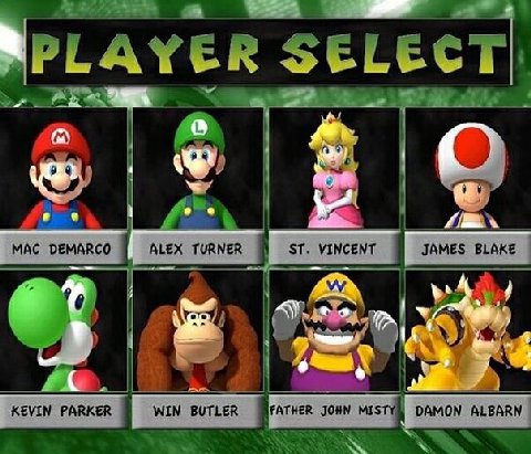 PLAYER SELECT) A a A MAC DEMARCO ALEX TURNER VINCENT JAMES BLAKE 4 у 4 KEVIN PARKER WIN BUTLER зоны DAMON ALBARN