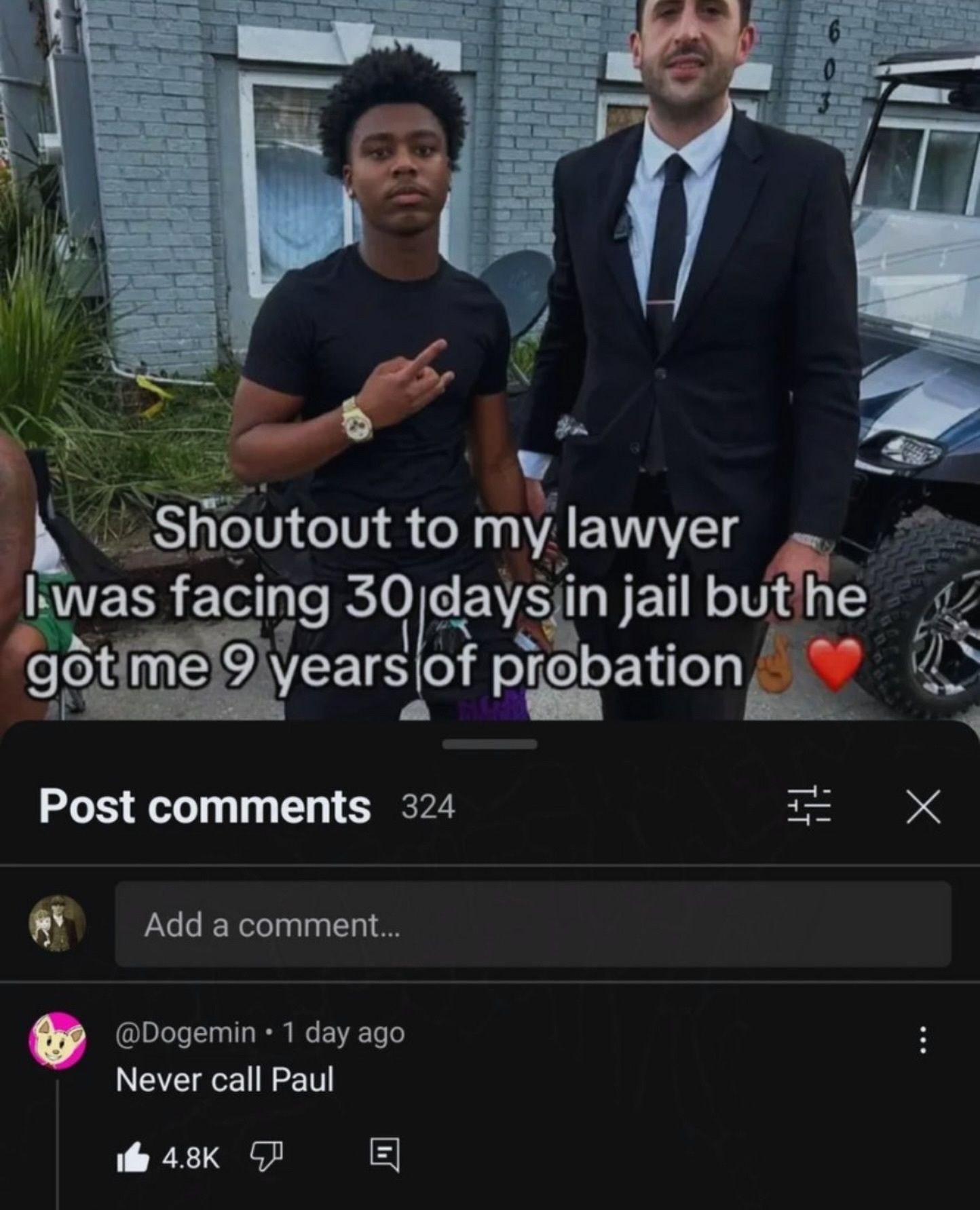 4 3 6 4 2 Shoutout was facing 30 Чаузип jail gotme ation a 4 Post comments 324 Add a comment... @Dogemin 1 day ago Меуег Раш 4.8к