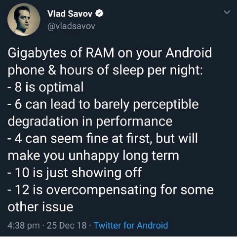 (у Vlad Savov У (@Ма@зауоу Gigabytes of КАМ on your Android phone hours of sleep per night: 8 is optimal 6 can lead to barely perceptible degradation in performance 4 сап seem fine at first, but will 