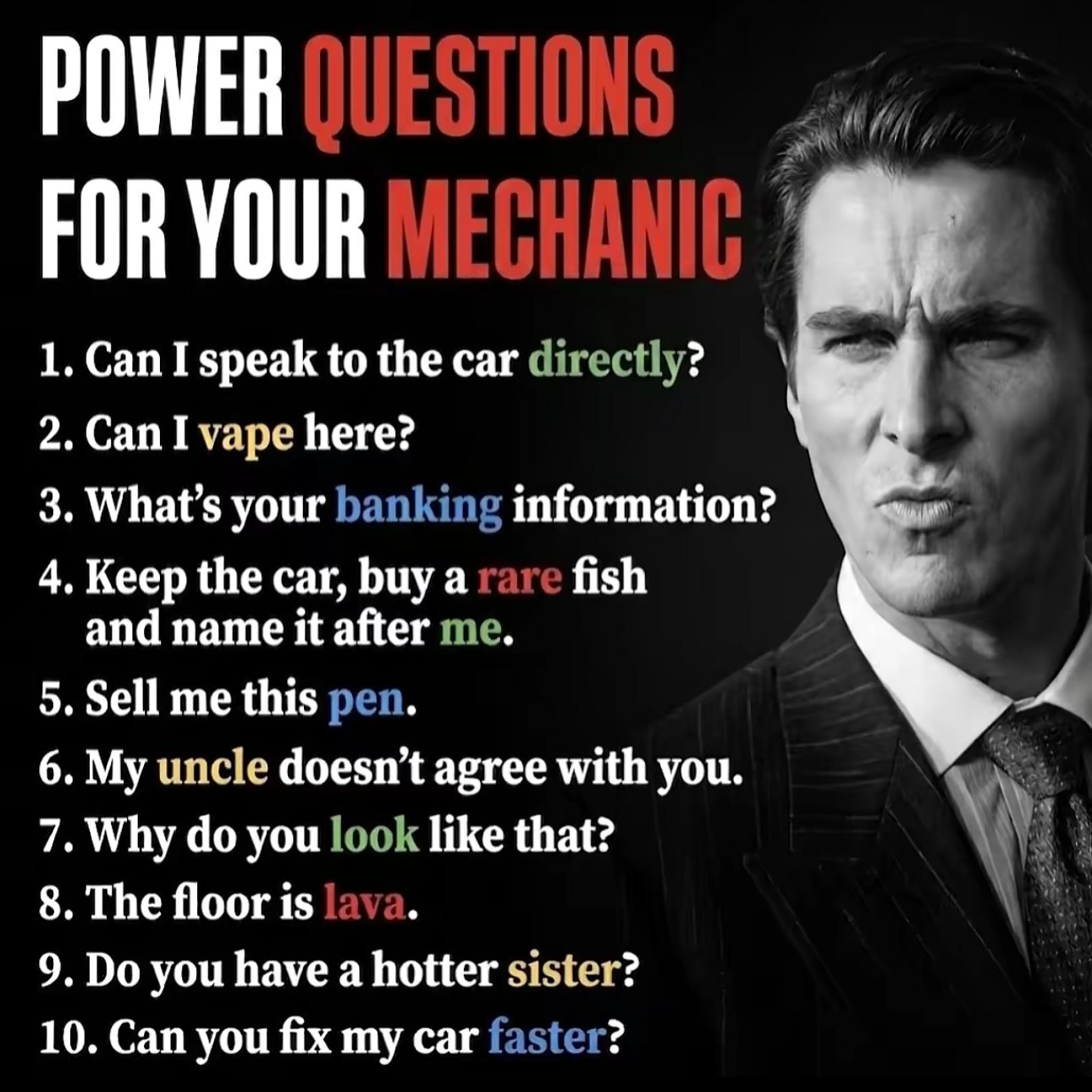 FOR YOUR 1. Сап саг 2. Can I vape here? 3. What’s your 4, Keep the car, buy a fish and пате айег 5.Sellmethis A 6. My uncle doesn’t agree with you. 7. Why you like that? 8. The floor is 9. you have a 