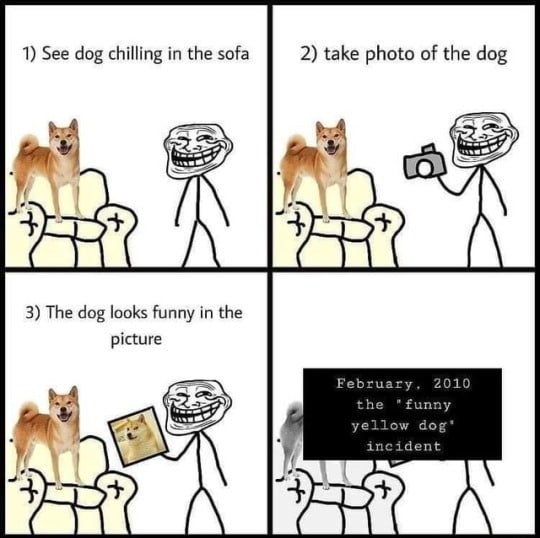 1) See dog chilling in the sofa 2) take photo of the dog 25 7 THA A 3) The dog looks funny in the picture February, 2010 the yellow dog* incident И