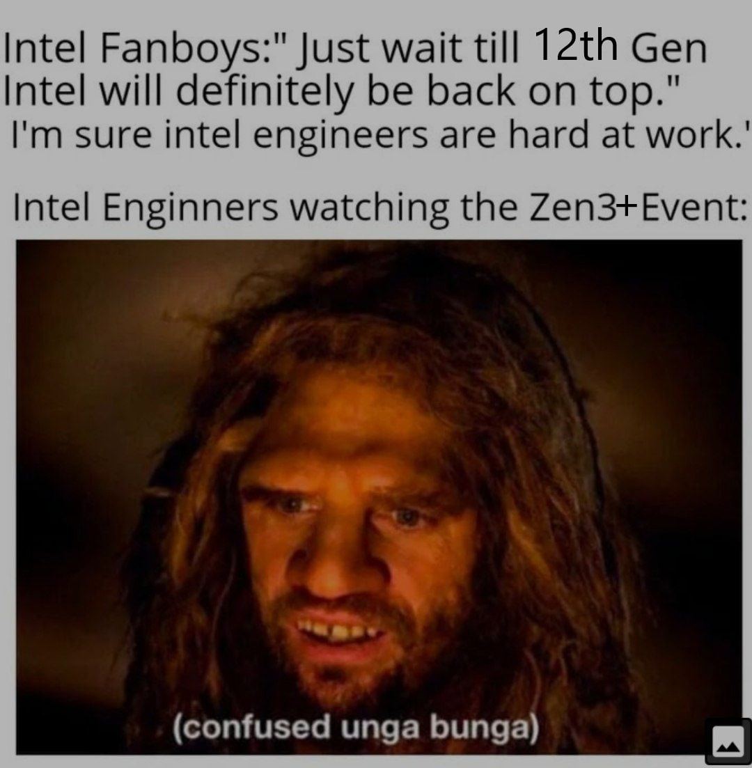 Intel Fanboys:" Just wait till Gen Intel will definitely be back on top." sure intel engineers are hard at Intel Enginners watching the Zen3+Event: (confused unga bunga)