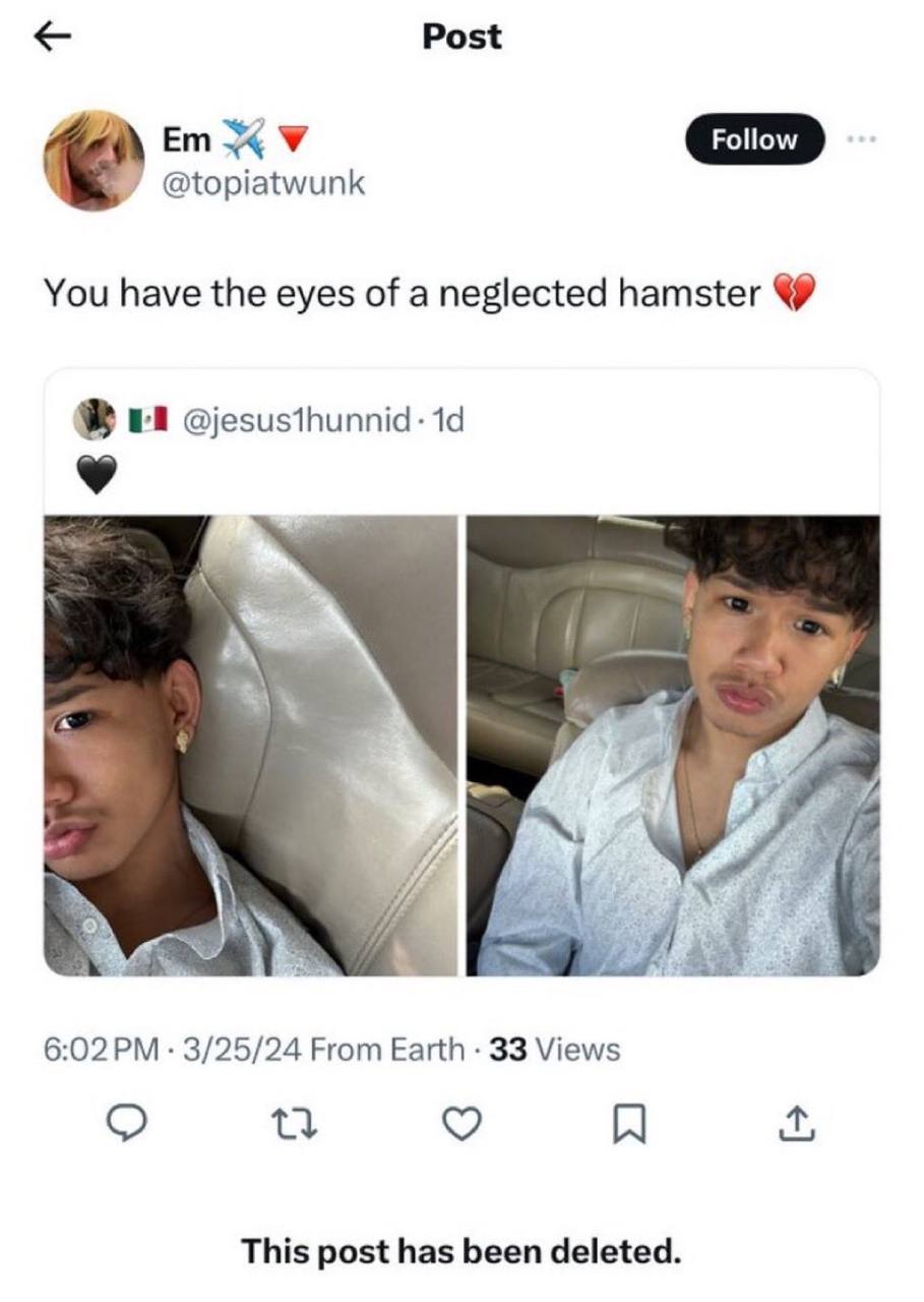 Post @topiatwunk You have the eyes of a neglected hamster @jesusthunnid: 6:02 3/25/24 From Earth 33 Views This post has been deleted.
