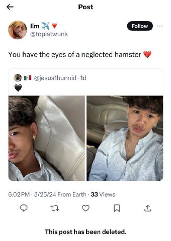 Post @topiatwunk You have the eyes of a neglected hamster @jesusthunnid: 6:02 3/25/24 From Earth 33 Views This post has been deleted.