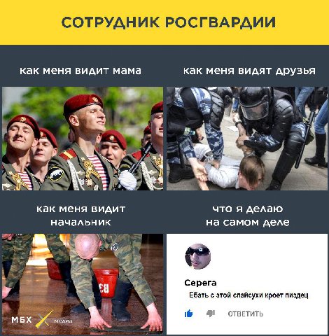 СОТРУДНИК РОСГВАРДИИ как меня видит мама как меня видят друзья о“ как меня видит что я делаю начальник на самом деле Lee; a $7 Серега Ебать с этой спайсухи кроет пиздец 95 ОТВЕТИТЬ МБХ