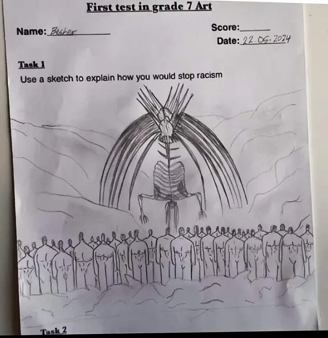 First test in| Score ame: 7074 Use a sketch to explain how you would stop racism VAS NEA