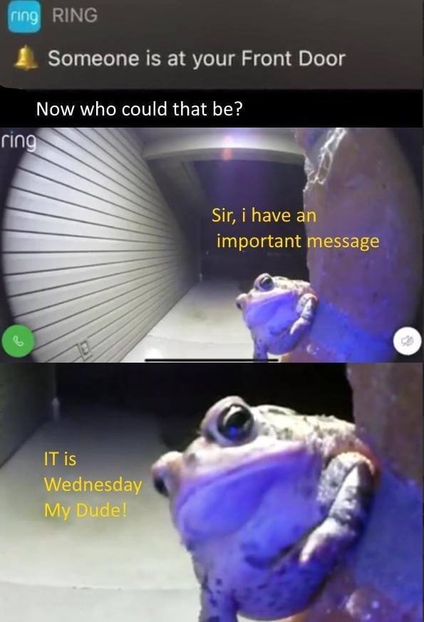 1 Someone 15 at your Front Door Now who could that be? Sir, have an important message IT is Wednesday My Dude!