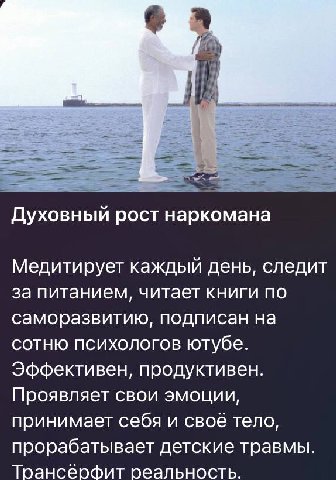 Духовный рост наркомана Медитирует каждый день, следит за питанием, читает книги по саморазвитию, подписан на сотню психологов ютубе. Эффективен, продуктивен. Проявляет свои эмоции, принимает себя и с