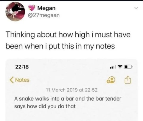 Megan @27megaan Thinking about how high i must have been when i put this in my notes 22:18 a Notes 11 March 2019 at 22:52 A snake walks into a bar and the bar tender says how did you that
