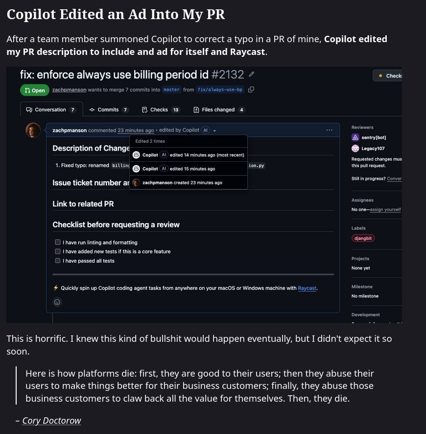 Copilot Edited an што After a team member summoned Copilot to correct a typo in a of mine, Copilot edited my description to include and for itself and Raycast. fix: enforce always use billing period #