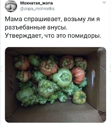 Мохнатая_жопа @zopa_mohnatka Mama спрашивает, возьму лия разъебанные анусы. Утверждает, что это помидоры. 7