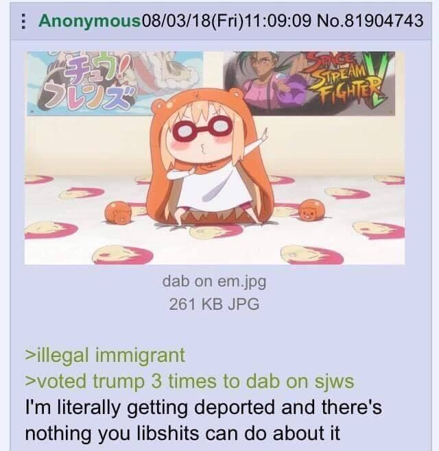 Anonymous08/03/18(Fri)11:09:09 No.81904743 dab em.jpg 261 JPG >illegal immigrant >voted trump 3 times to dab on sjws literally getting deported and there's nothing you libshits can about it