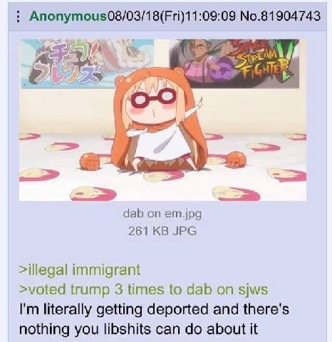 Anonymous08/03/18(Fri)11:09:09 No.81904743 dab em.jpg 261 JPG >illegal immigrant >voted trump 3 times to dab on sjws literally getting deported and there's nothing you libshits can about it